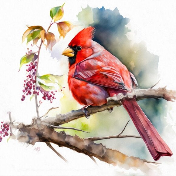 Northern‎ Red Cardinal Bird Gorgeous Watercolor Oil Painting Art Print - Picture 6 of 6